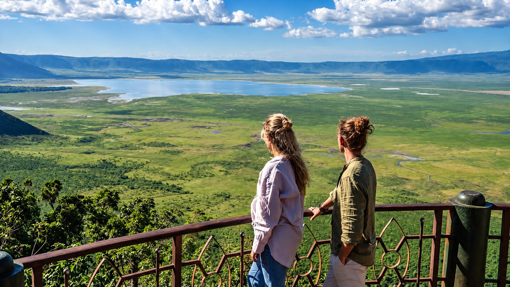 Two travelers overlooking a wide Tanzania valley