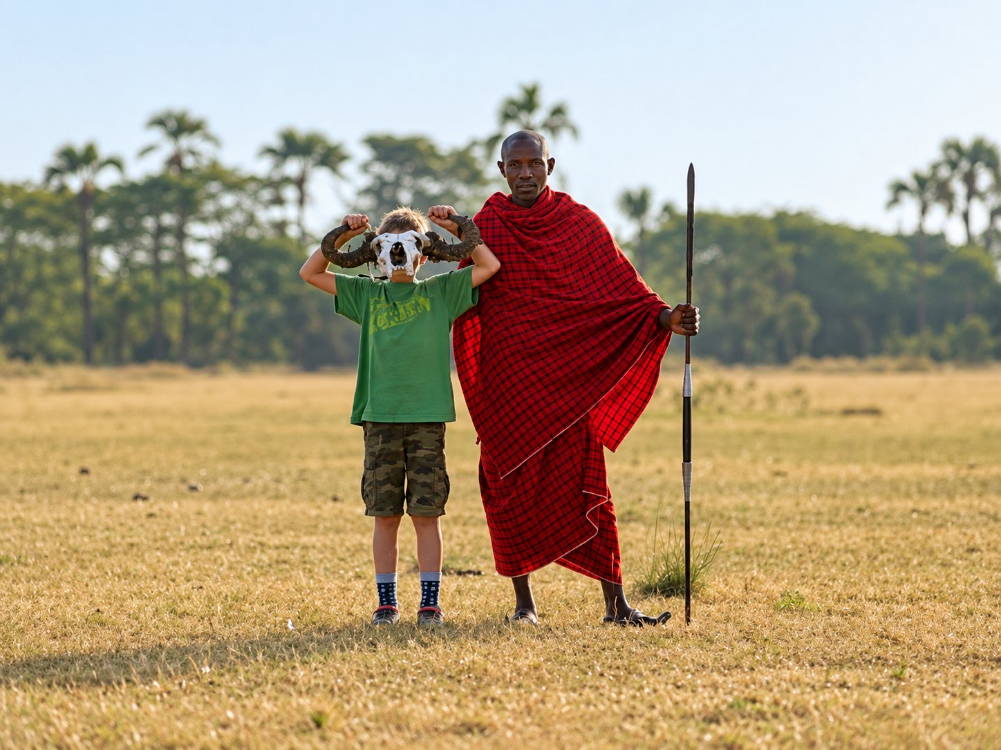 A Maasai guide and young traveler in the Tanzania savanna