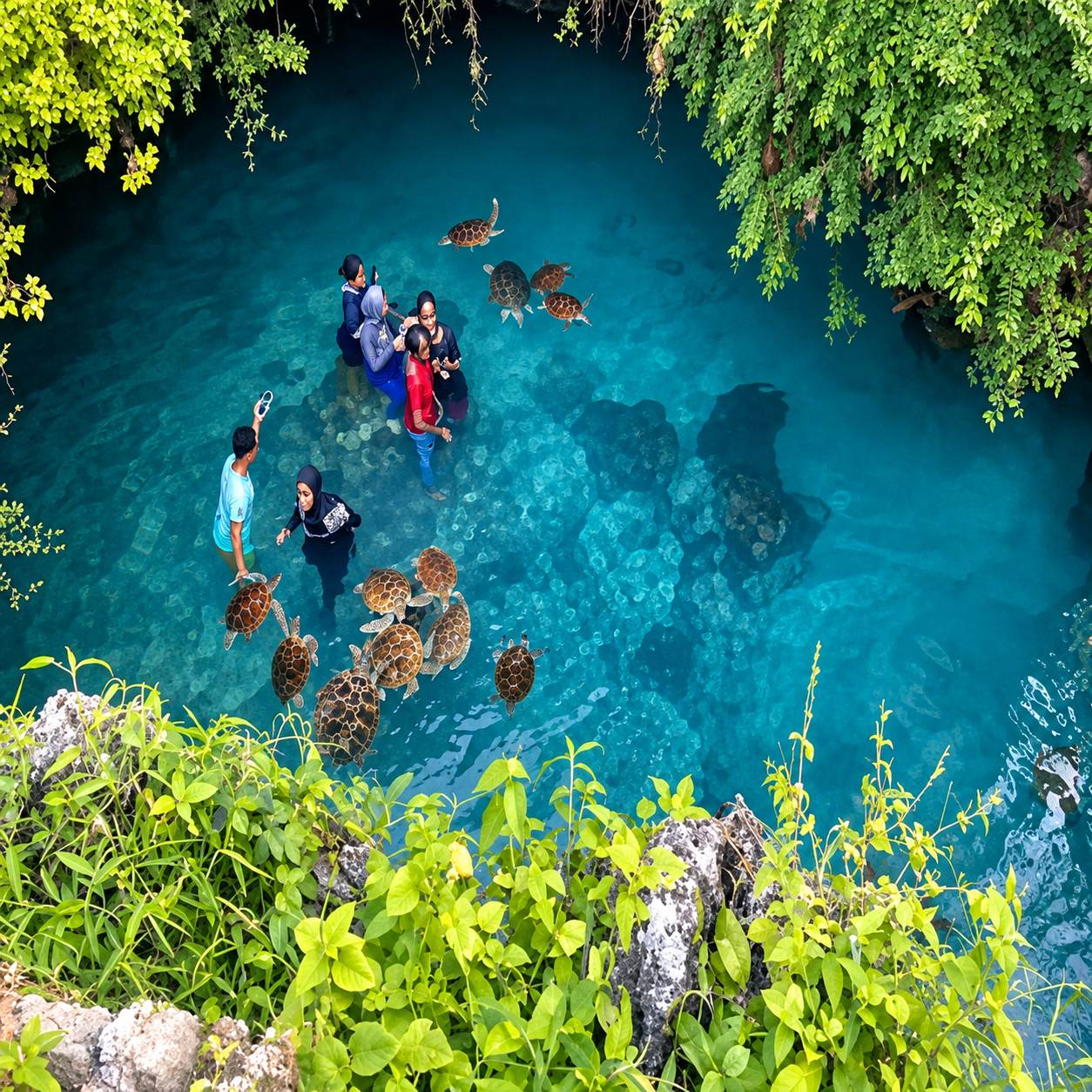 Visitors observing turtles in clear tropical water
