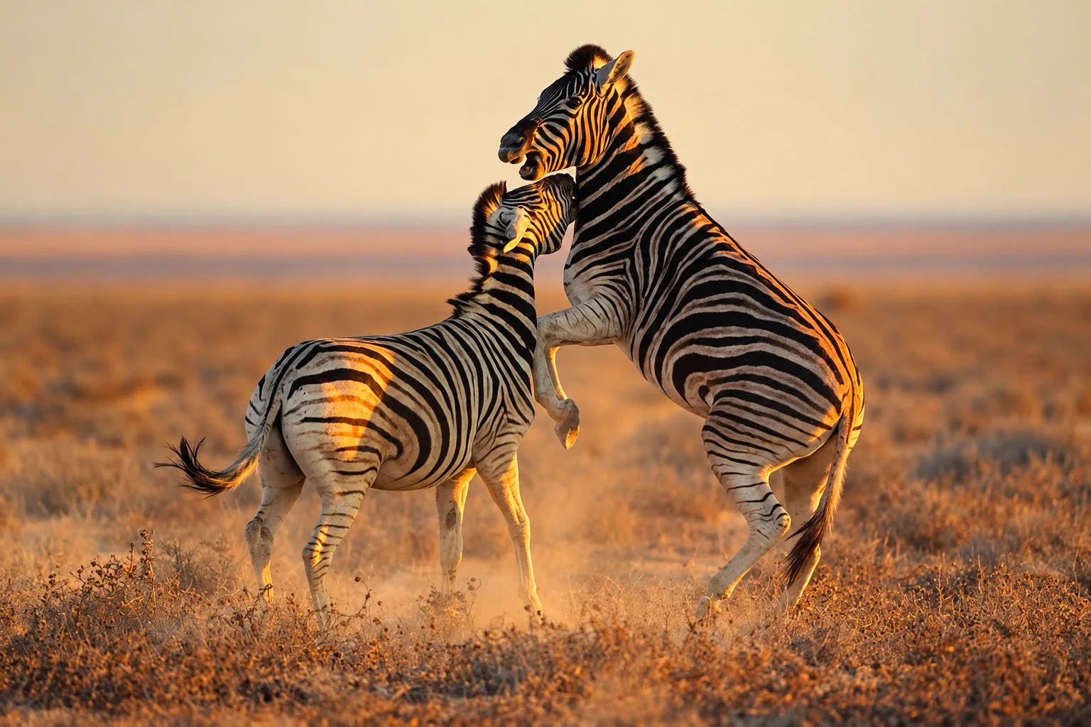 Two zebras rearing together on golden savannah grasslands