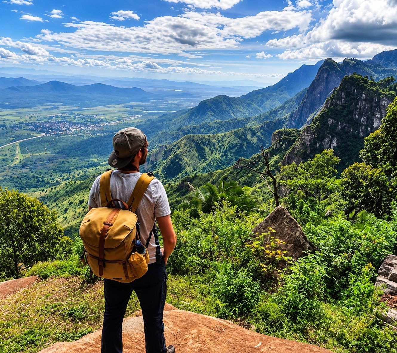 Hiker overlooking a vast mountain valley
